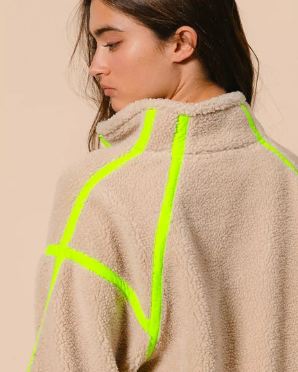 BiBi Contrast Edge Half Zip Up Sherpa Jacket - Sleekdenim.com