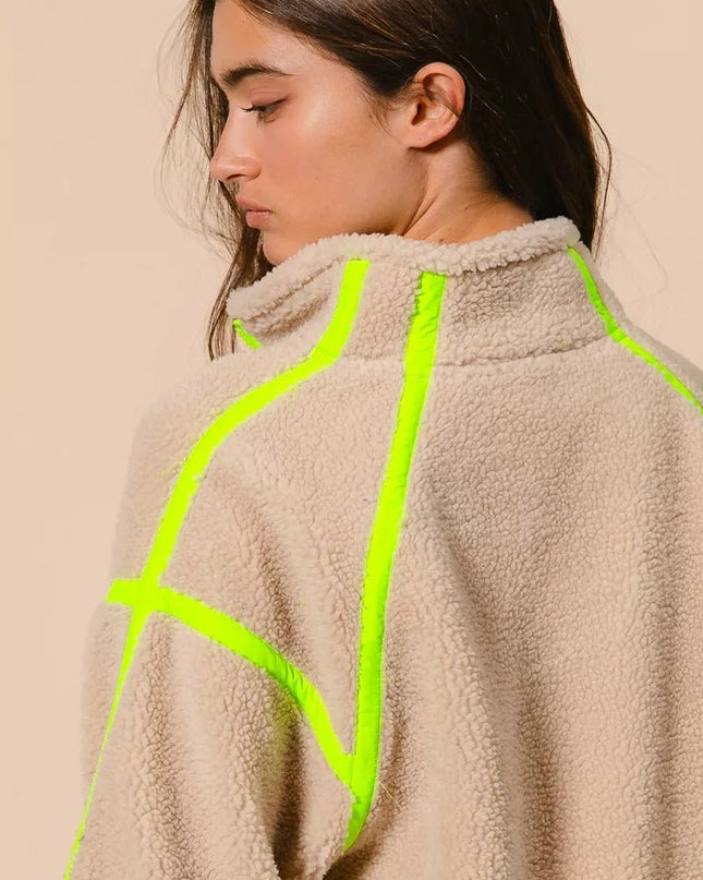 BiBi Contrast Edge Half Zip Up Sherpa Jacket - Sleekdenim.com