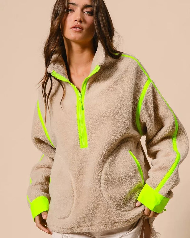 BiBi Contrast Edge Half Zip Up Sherpa Jacket - Sleekdenim.com