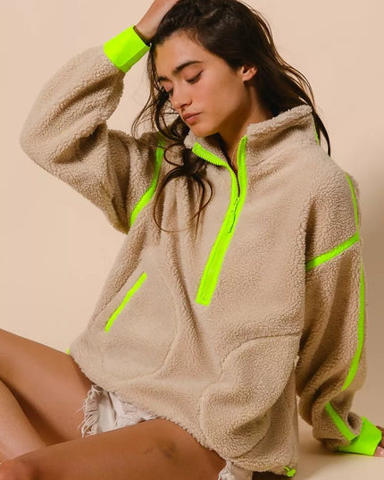 BiBi Contrast Edge Half Zip Up Sherpa Jacket - Sleekdenim.com