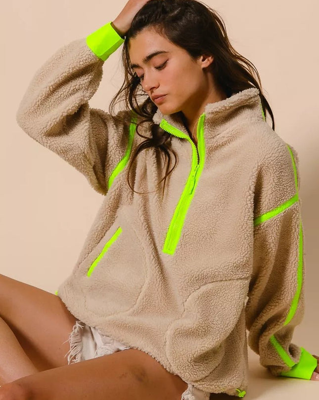 BiBi Contrast Edge Half Zip Up Sherpa Jacket - Sleekdenim.com