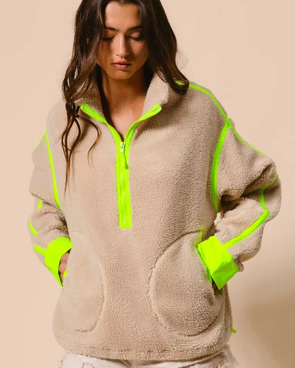 BiBi Contrast Edge Half Zip Up Sherpa Jacket - Sleekdenim.com