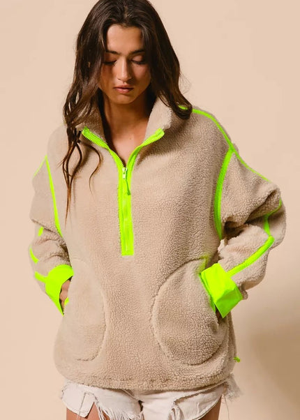 BiBi Contrast Edge Half Zip Up Sherpa Jacket - Sleekdenim.com