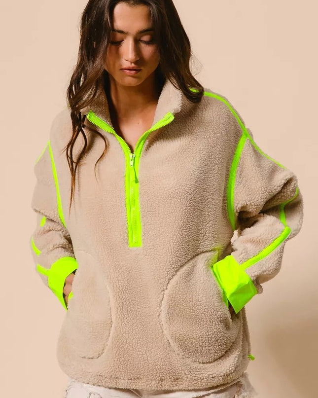 BiBi Contrast Edge Half Zip Up Sherpa Jacket - Sleekdenim.com