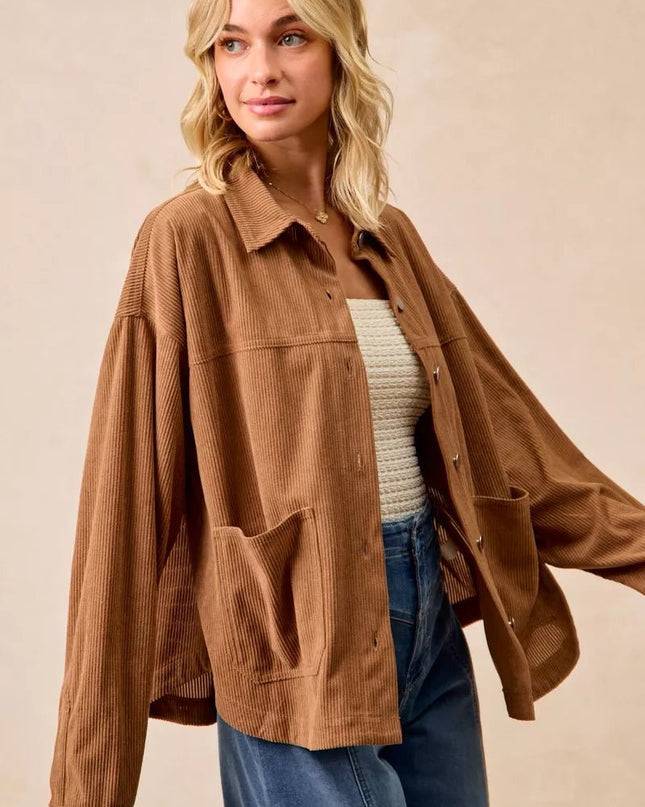 BiBi Corduroy Relaxed Fit Shacket with Back Pleat - Sleekdenim.com