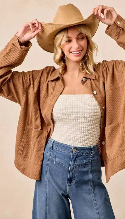 BiBi Corduroy Relaxed Fit Shacket with Back Pleat - Sleekdenim.com