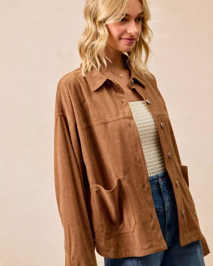 BiBi Corduroy Relaxed Fit Shacket with Back Pleat - Sleekdenim.com
