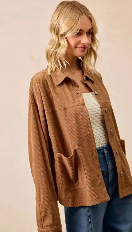 BiBi Corduroy Relaxed Fit Shacket with Back Pleat - Sleekdenim.com