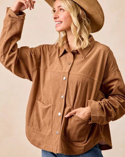 BiBi Corduroy Relaxed Fit Shacket with Back Pleat - Sleekdenim.com