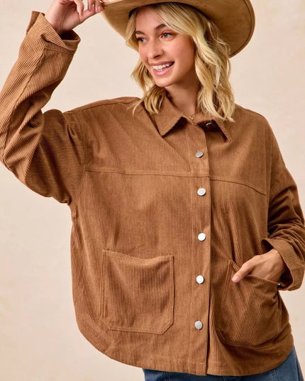 BiBi Corduroy Relaxed Fit Shacket with Back Pleat - Sleekdenim.com