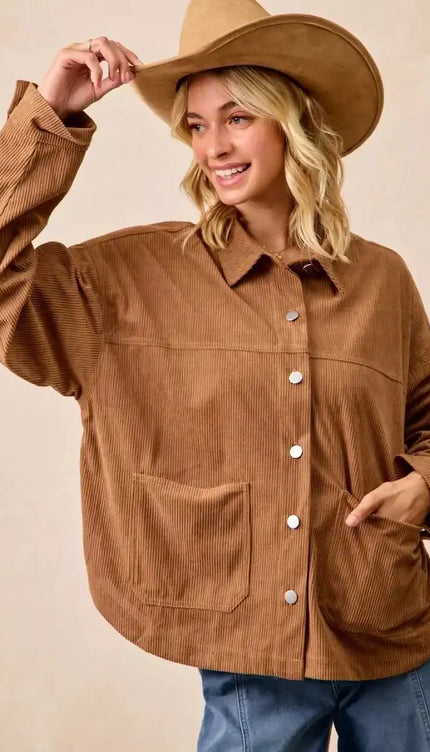 BiBi Corduroy Relaxed Fit Shacket with Back Pleat - Sleekdenim.com