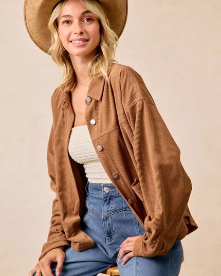 BiBi Corduroy Relaxed Fit Shacket with Back Pleat - Sleekdenim.com