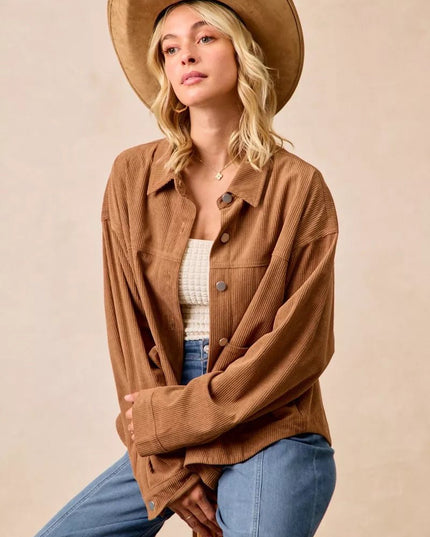 BiBi Corduroy Relaxed Fit Shacket with Back Pleat - Sleekdenim.com