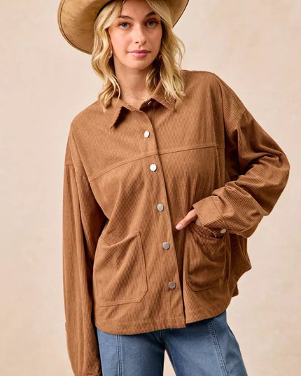 BiBi Corduroy Relaxed Fit Shacket with Back Pleat - Sleekdenim.com