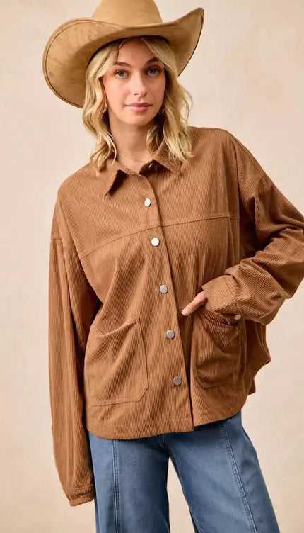 BiBi Corduroy Relaxed Fit Shacket with Back Pleat - Sleekdenim.com