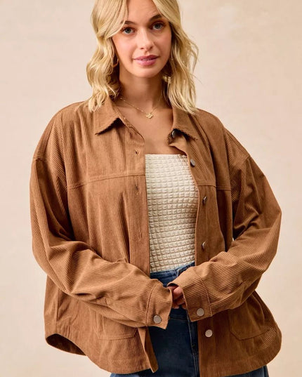BiBi Corduroy Relaxed Fit Shacket with Back Pleat - Sleekdenim.com