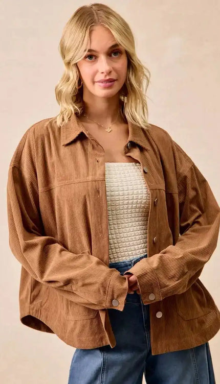 BiBi Corduroy Relaxed Fit Shacket with Back Pleat - Sleekdenim.com