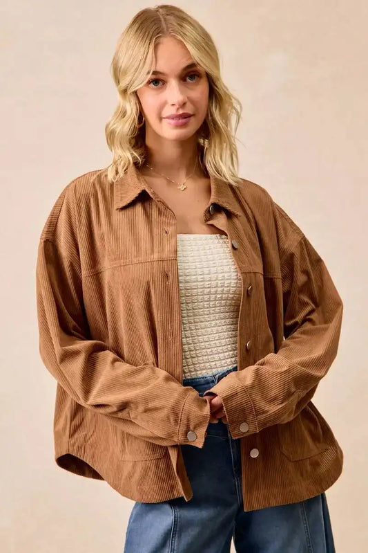 BiBi Corduroy Relaxed Fit Shacket with Back Pleat - Sleekdenim.com