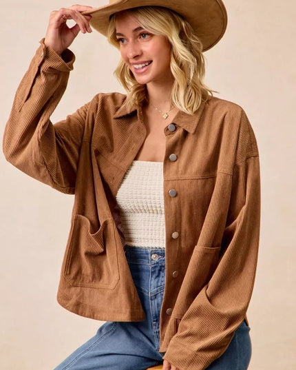 BiBi Corduroy Relaxed Fit Shacket with Back Pleat - Sleekdenim.com