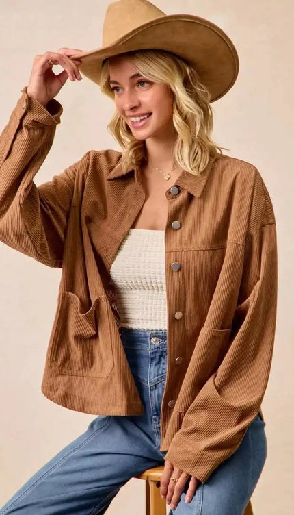 BiBi Corduroy Relaxed Fit Shacket with Back Pleat - Sleekdenim.com