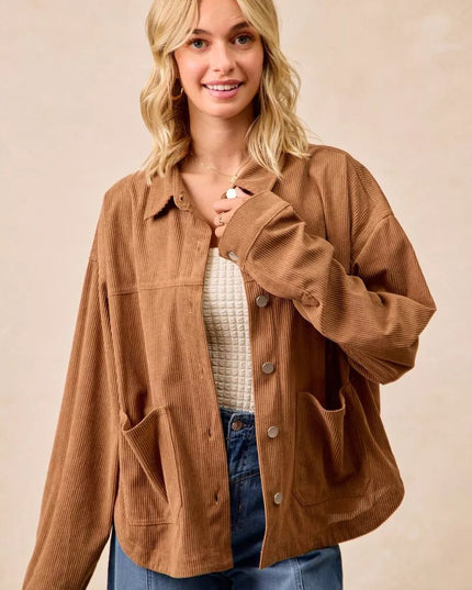 BiBi Corduroy Relaxed Fit Shacket with Back Pleat - Sleekdenim.com