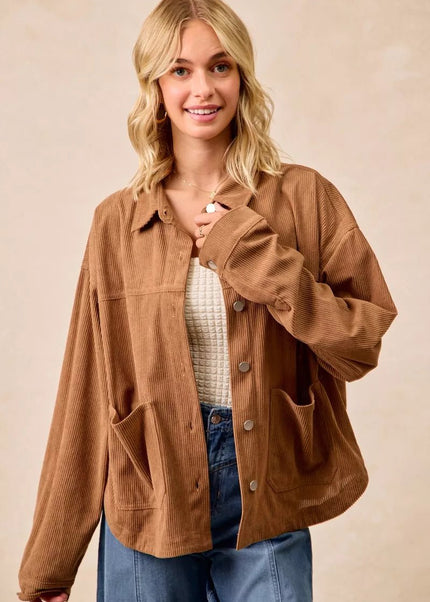 BiBi Corduroy Relaxed Fit Shacket with Back Pleat - Sleekdenim.com