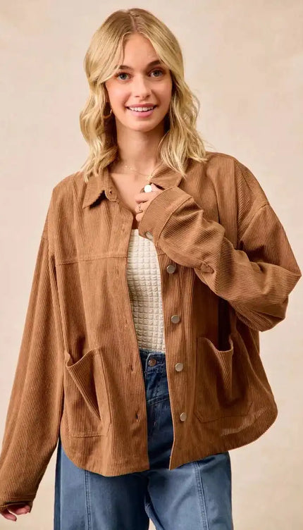 BiBi Corduroy Relaxed Fit Shacket with Back Pleat - Sleekdenim.com