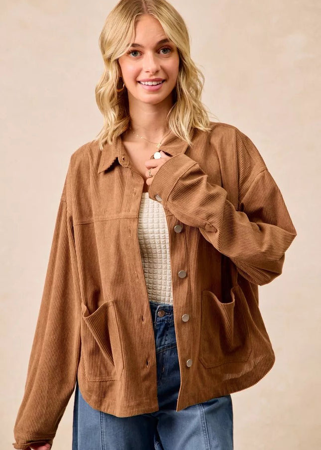 BiBi Corduroy Relaxed Fit Shacket with Back Pleat - Sleekdenim.com