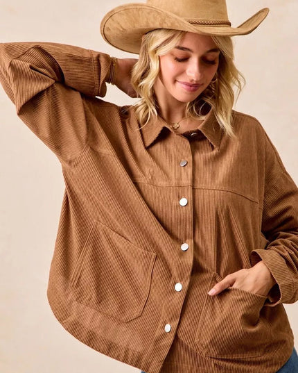 BiBi Corduroy Relaxed Fit Shacket with Back Pleat - Sleekdenim.com