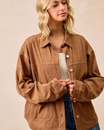 BiBi Corduroy Relaxed Fit Shacket with Back Pleat - Sleekdenim.com