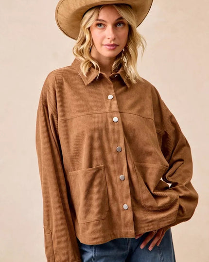 BiBi Corduroy Relaxed Fit Shacket with Back Pleat - Sleekdenim.com