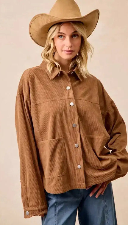 BiBi Corduroy Relaxed Fit Shacket with Back Pleat - Sleekdenim.com