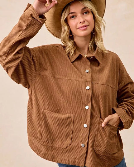 BiBi Corduroy Relaxed Fit Shacket with Back Pleat - Sleekdenim.com