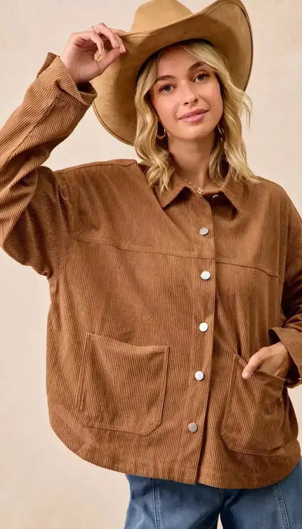 BiBi Corduroy Relaxed Fit Shacket with Back Pleat - Sleekdenim.com