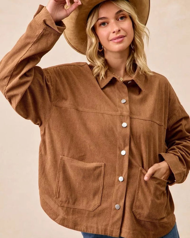 BiBi Corduroy Relaxed Fit Shacket with Back Pleat - Sleekdenim.com