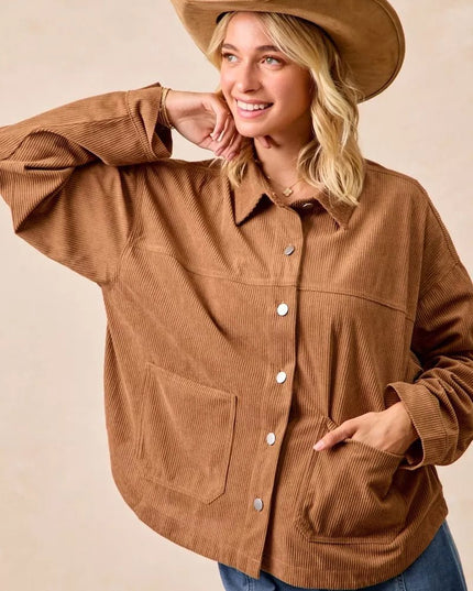 BiBi Corduroy Relaxed Fit Shacket with Back Pleat - Sleekdenim.com