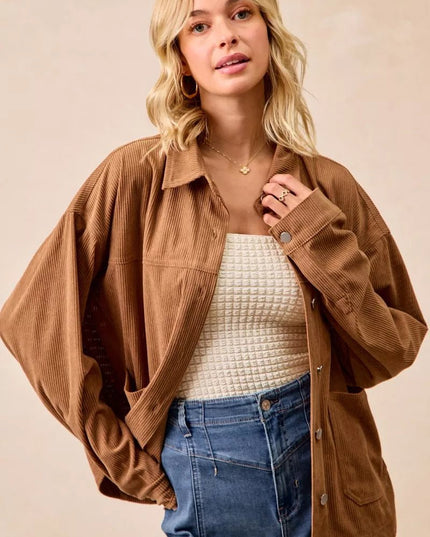 BiBi Corduroy Relaxed Fit Shacket with Back Pleat - Sleekdenim.com