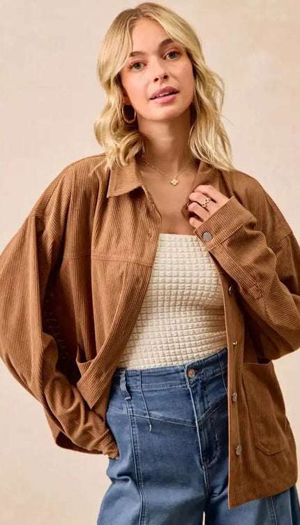 BiBi Corduroy Relaxed Fit Shacket with Back Pleat - Sleekdenim.com