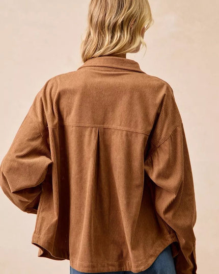 BiBi Corduroy Relaxed Fit Shacket with Back Pleat - Sleekdenim.com