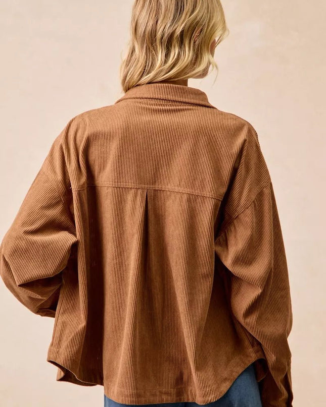 BiBi Corduroy Relaxed Fit Shacket with Back Pleat - Sleekdenim.com