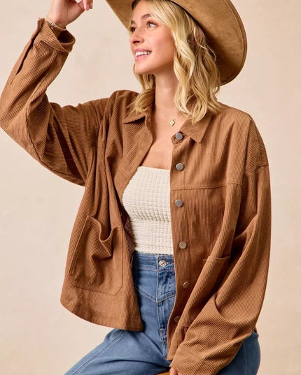 BiBi Corduroy Relaxed Fit Shacket with Back Pleat - Sleekdenim.com