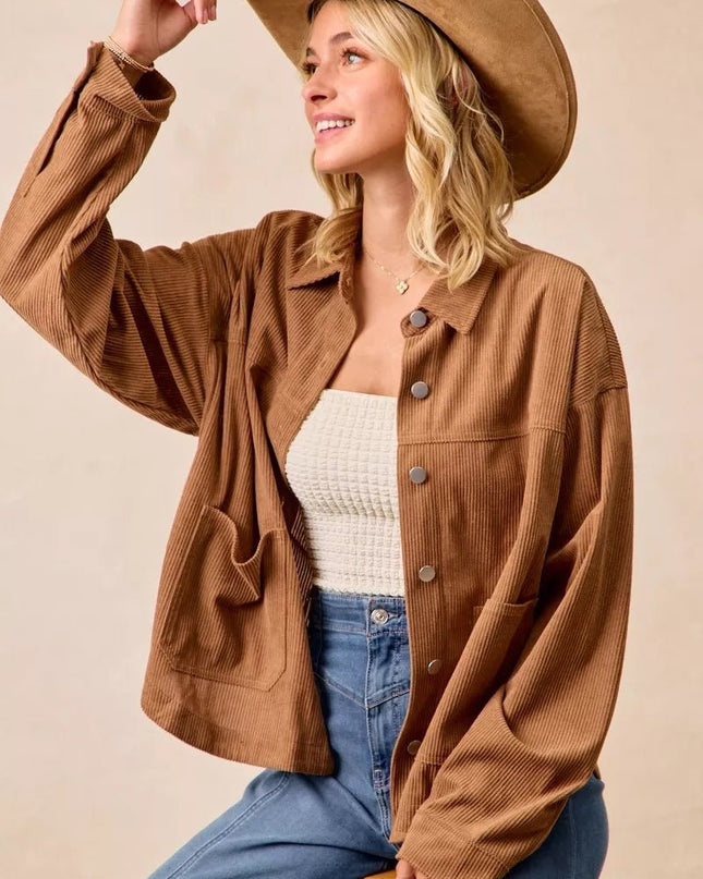 BiBi Corduroy Relaxed Fit Shacket with Back Pleat - Sleekdenim.com