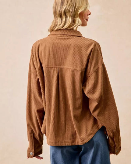 BiBi Corduroy Relaxed Fit Shacket with Back Pleat - Sleekdenim.com