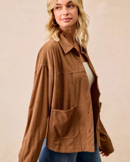BiBi Corduroy Relaxed Fit Shacket with Back Pleat - Sleekdenim.com
