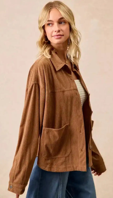 BiBi Corduroy Relaxed Fit Shacket with Back Pleat - Sleekdenim.com