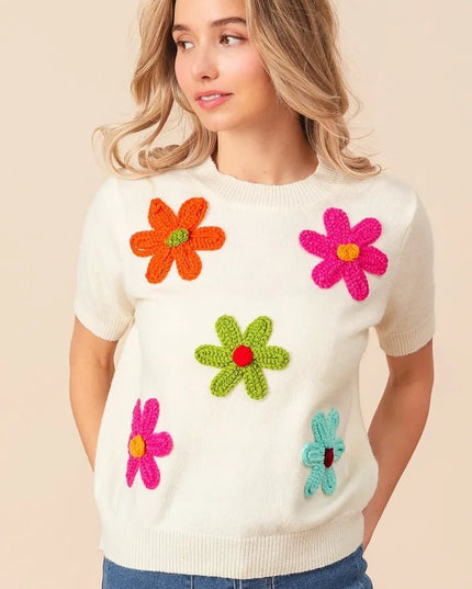 BiBi Crochet Flower Patch Sweater Top - Sleekdenim.com