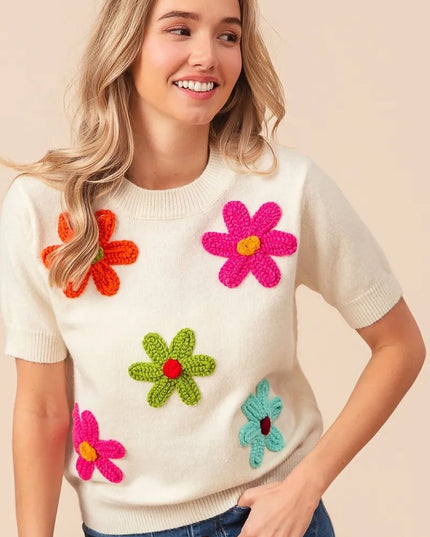 BiBi Crochet Flower Patch Sweater Top - Sleekdenim.com