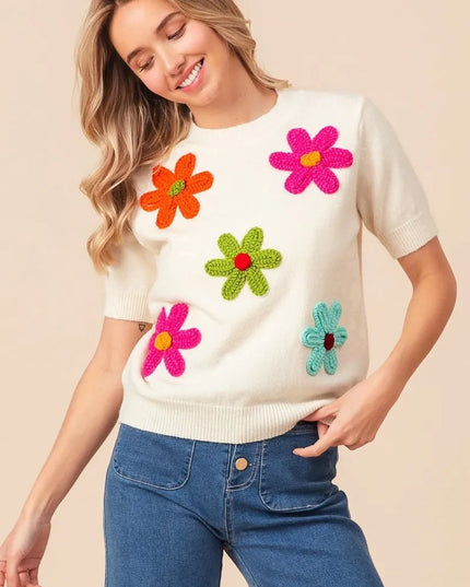BiBi Crochet Flower Patch Sweater Top - Sleekdenim.com