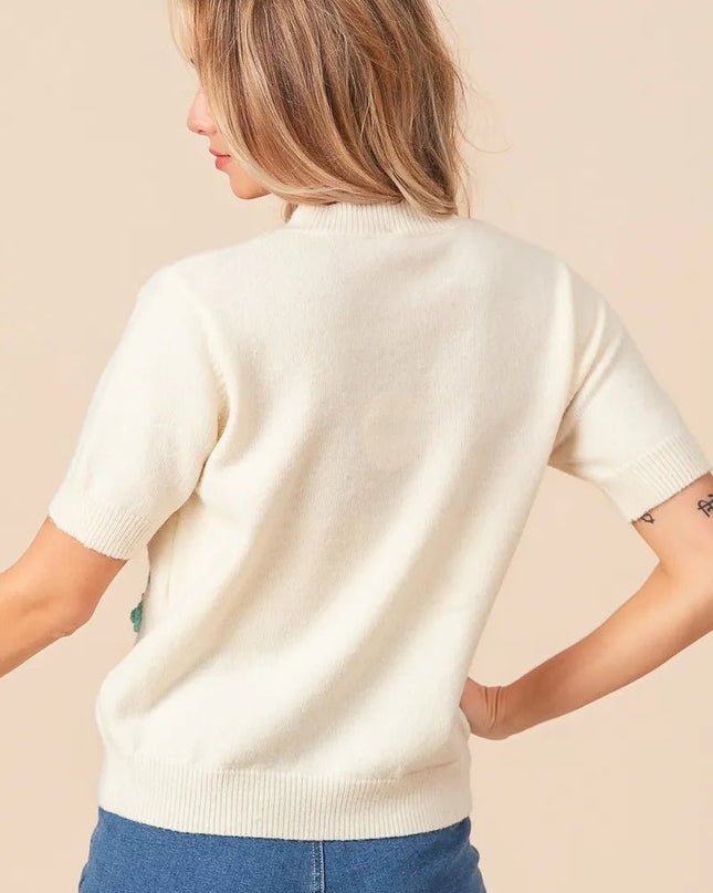 BiBi Crochet Flower Patch Sweater Top - Sleekdenim.com