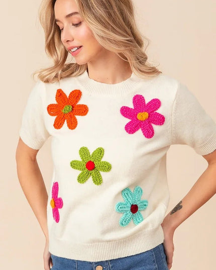 BiBi Crochet Flower Patch Sweater Top - Sleekdenim.com